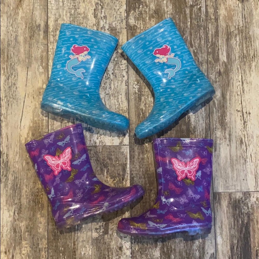2 pairs of RAIN BOOTS GIRLS BUTTERFLY MERMAID SIZE 2/3